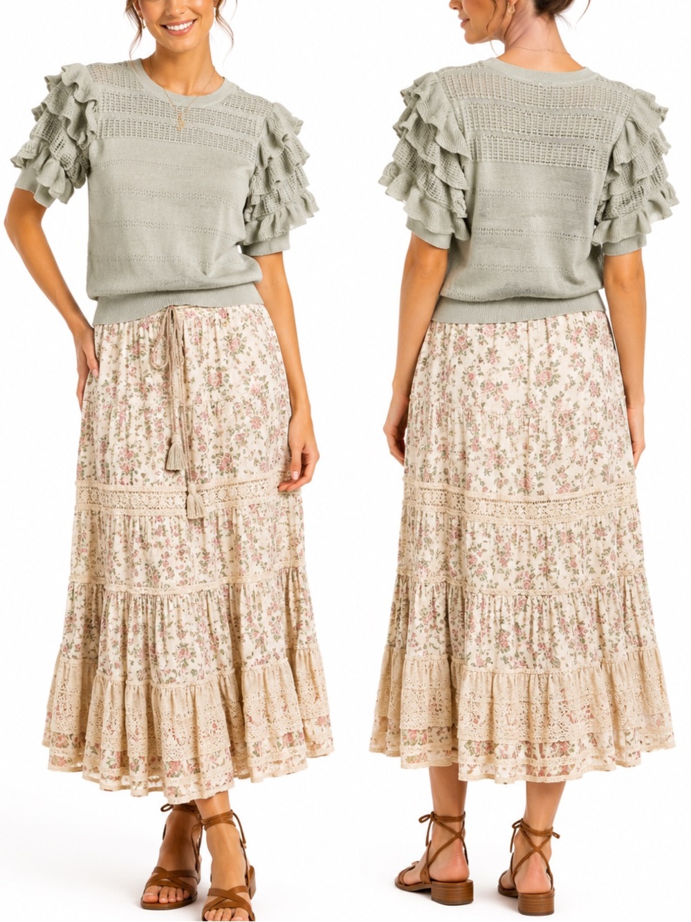 Calligraphie Sage Green Ruffle Sleeve Knit Sweater